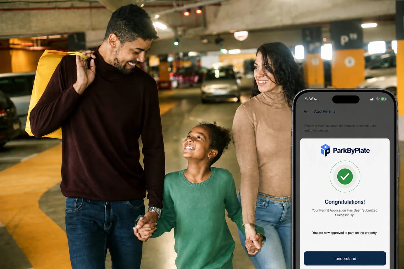 A family walking through a parking garage, beside a phone showing the ParkByPlate app confirming their permit application was submitted successfully and they are approved to park on the property.